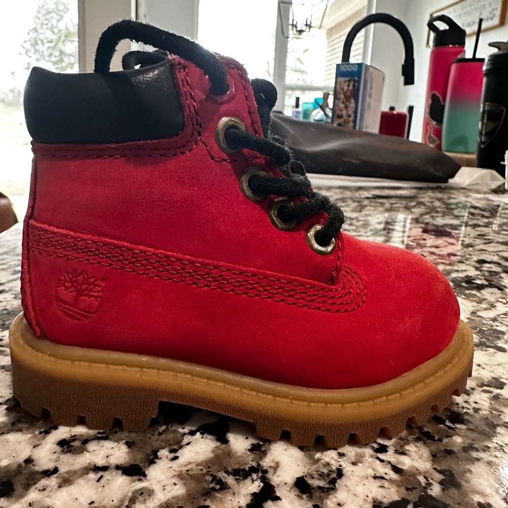 Red and black toddler Timberland boots